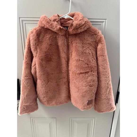 Under Armour Faux Fur Coat Girls Size L Pink Fall Winter Jacket